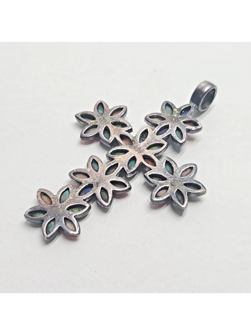 Vintage Sterling Silver Turquoise Lapis Spiny Oyster Floral Cross Pendant ,TH SU - Picture 2 of 9